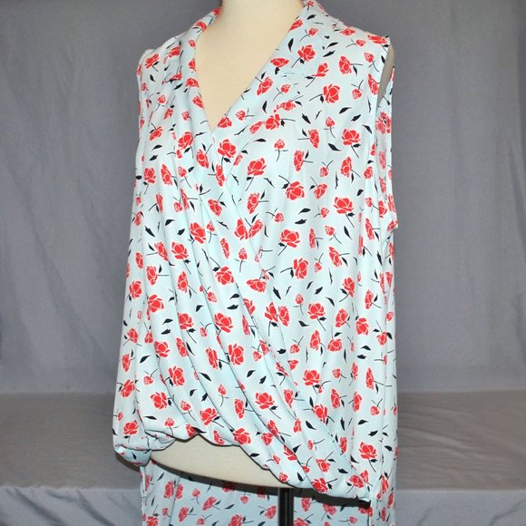 New Jones New York Sleeveless Blouse Size Large Blue & Red Poppy Floral Print - Picture 4 of 9